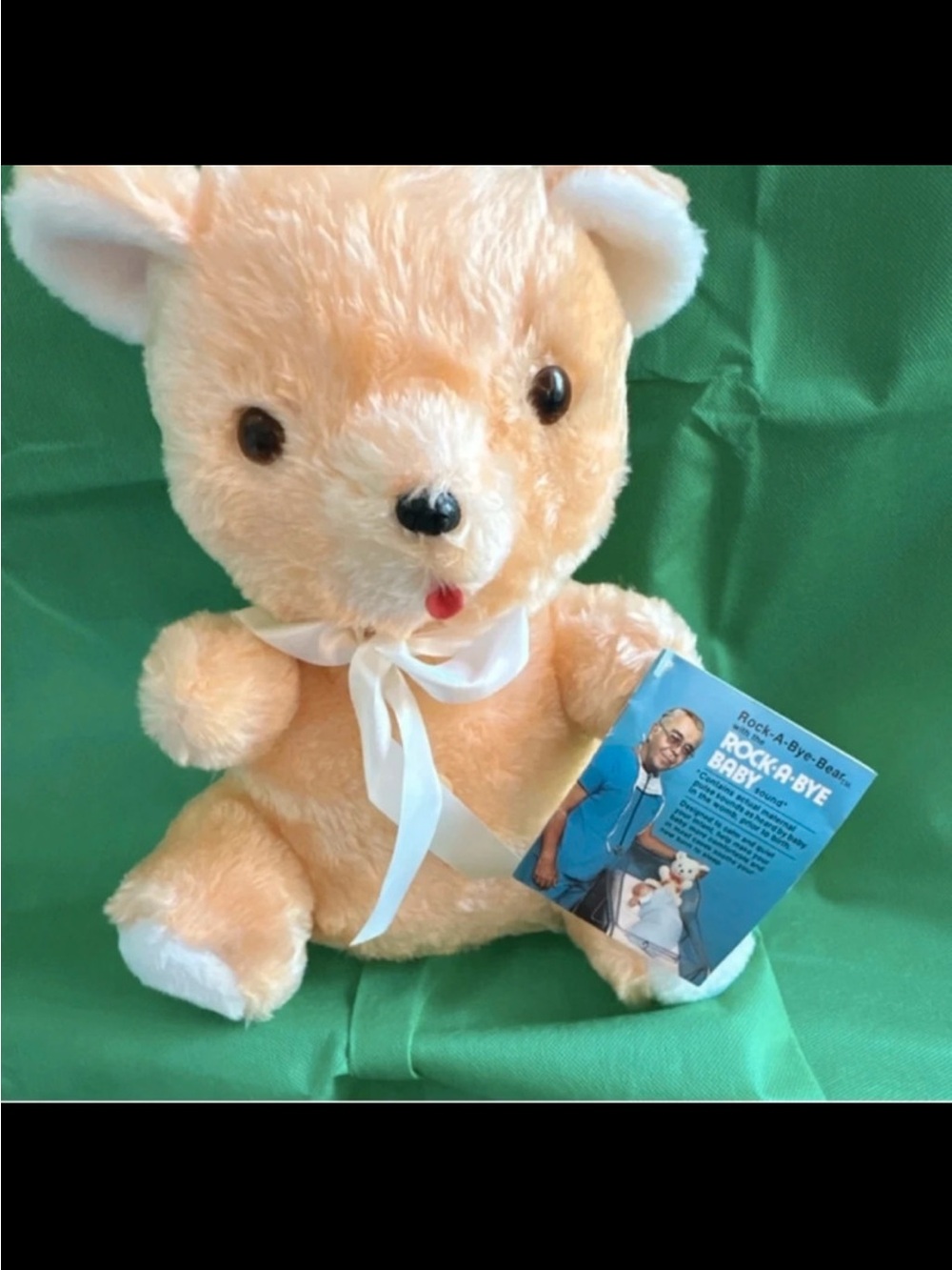 Peach Plush Teddy with White Satin Bow - Soft Cuddly Bear